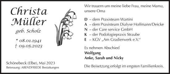 Traueranzeige von Christa Müller von Mitteldeutsche Zeitung