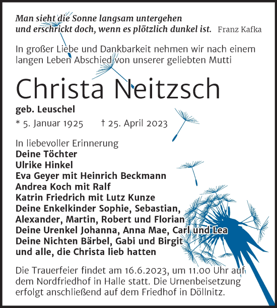 Traueranzeige von Christa Neitzsch von Mitteldeutsche Zeitung Halle/Saalkreis