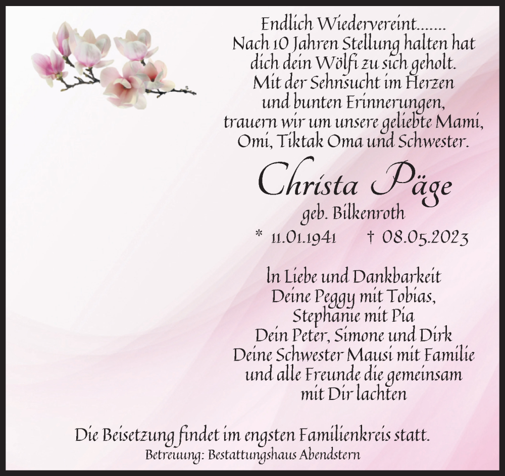  Traueranzeige für Christa Päge vom 20.05.2023 aus Volksstimme Altmark Ost