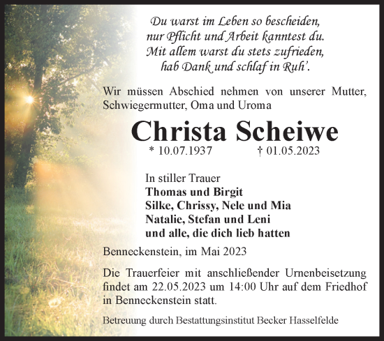Traueranzeige von Christa Scheiwe von Volksstimme Wernigerode