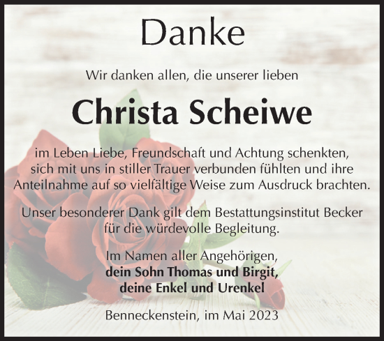 Traueranzeige von Christa Scheiwe von Volksstimme Wernigerode