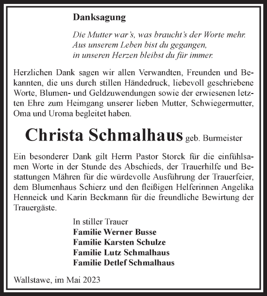 Traueranzeige von Christa Schmalhaus von Volksstimme Altmark West