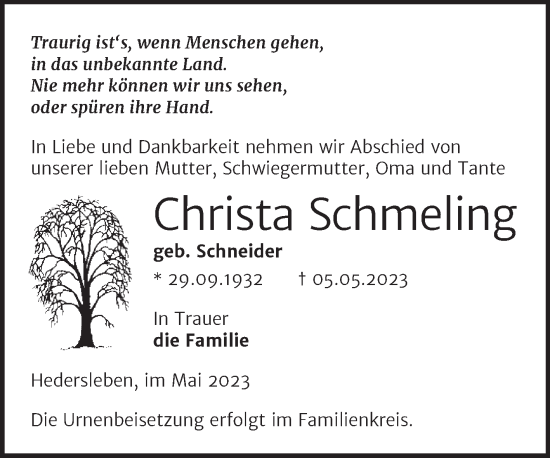 Traueranzeige von Christa Schmeling von Trauerkombi Quedlinburg