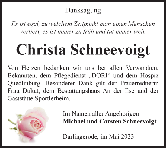 Traueranzeige von Christa Schneevoigt von Volksstimme Wernigerode