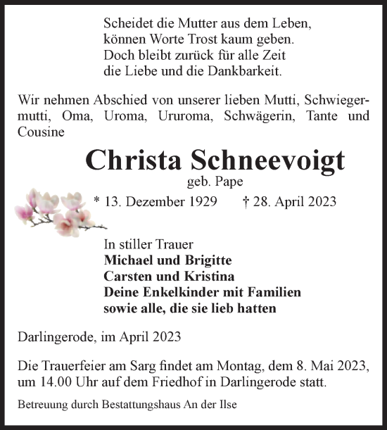 Traueranzeige von Christa Schneevoigt von Volksstimme Wernigerode