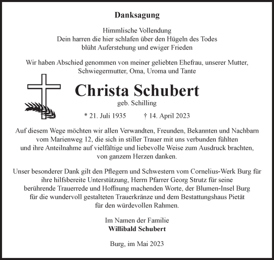 Traueranzeige von Christa Schubert von Volksstimme Burg/Genthin