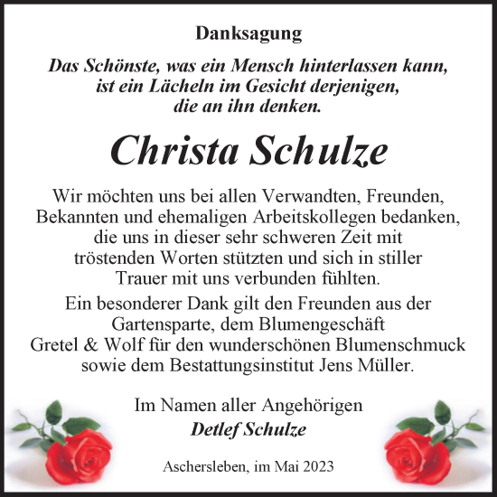 Traueranzeige von Christa Schulze von Trauerkombi Aschersleben