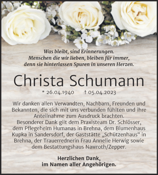 Traueranzeige von Christa Schumann von Trauerkombi Bitterfeld