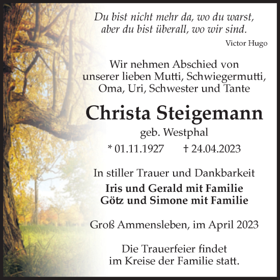 Traueranzeige von Christa Steigemann von Volksstimme Haldensleben/Wolmirstedt