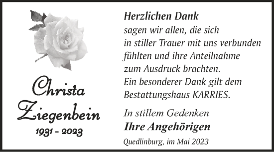 Traueranzeige von Christa Ziegenbein von Trauerkombi Quedlinburg