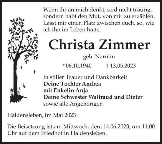 Traueranzeige von Christa Zimmer von Volksstimme Haldensleben/Wolmirstedt