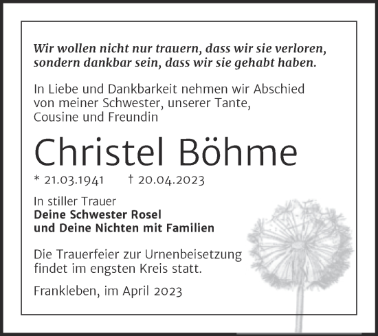 Traueranzeige von Christel Böhme von Trauerkombi Merseburg