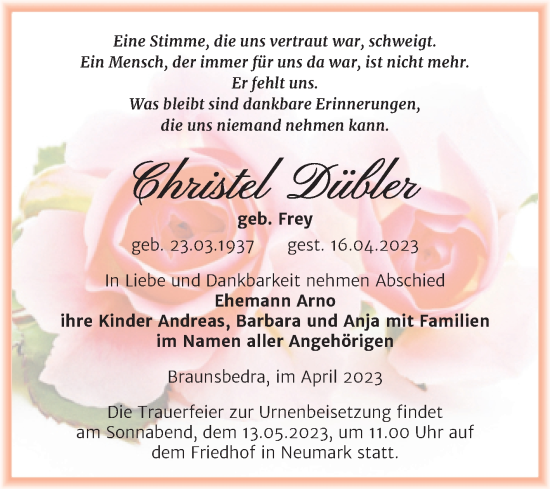 Traueranzeige von Christel Dübler von Trauerkombi Merseburg