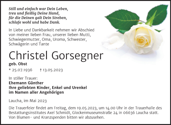 Traueranzeige von Christel Gorsegner von Naumburger Tageblatt