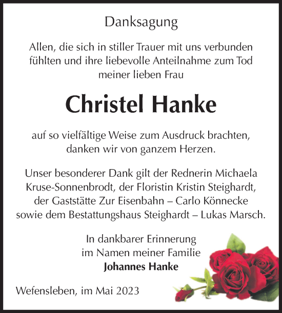 Traueranzeige von Christel Hanke von Volksstimme Oschersleben/Wanzleben