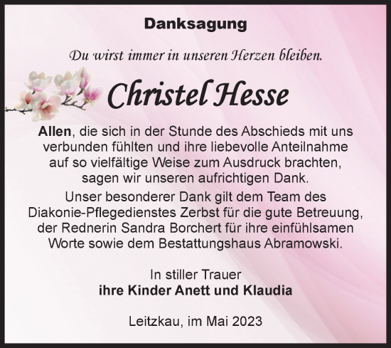Traueranzeige von Christel Hesse von Volksstimme Zerbst