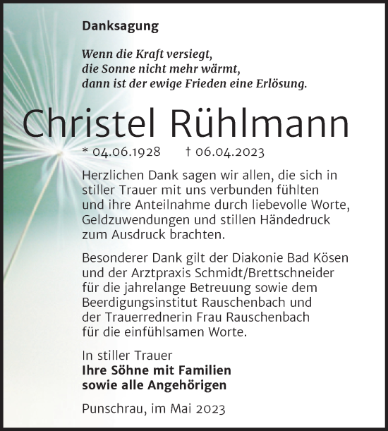 Traueranzeige von Christel Rühlmann von Wochenspiegel Naumburg/Nebra