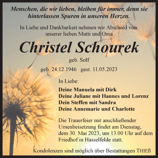 Traueranzeige von Christel Schourek von Mitteldeutsche Zeitung Aschersleben