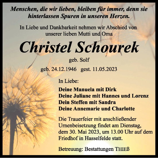 Traueranzeige von Christel Schourek von Volksstimme Haldensleben/Wolmirstedt