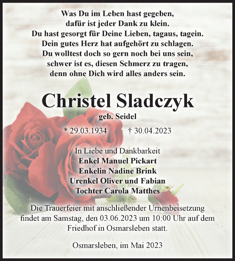  Traueranzeige für Christel Sladczyk vom 20.05.2023 aus Mitteldeutsche Zeitung