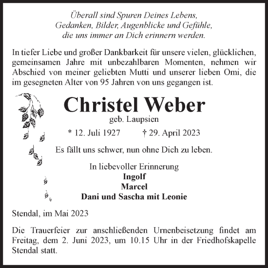 Traueranzeige von Christel Weber von Volksstimme Altmark Ost