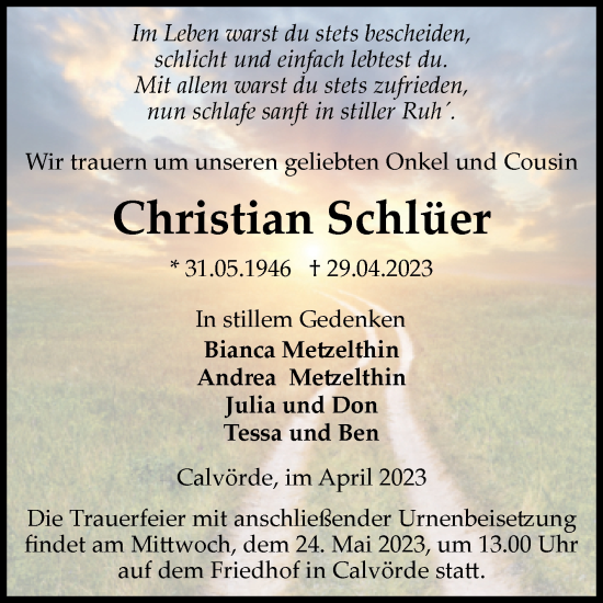 Traueranzeige von Christian Schlüer von Volksstimme Haldensleben/Wolmirstedt