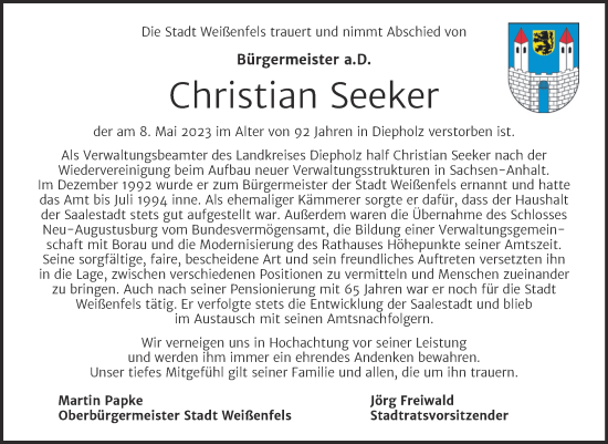 Traueranzeige von Christian Seeker von Mitteldeutsche Zeitung Weißenfels
