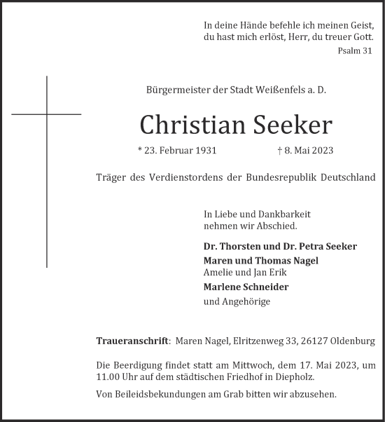Traueranzeige von Christian Seeker von Mitteldeutsche Zeitung Weißenfels