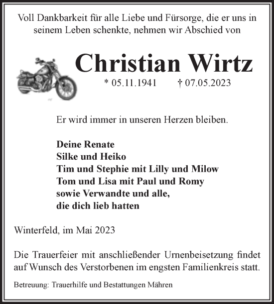 Traueranzeige von Christian Wirtz von Volksstimme Altmark West
