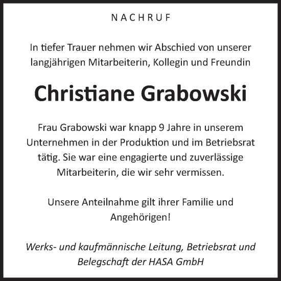 Traueranzeige von Christiane Grabowski von Volksstimme Burg/Genthin
