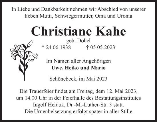 Traueranzeige von Christiane Kahe von Volksstimme Schönebeck