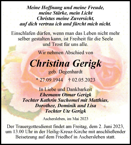 Traueranzeige von Christina Gerigk von Trauerkombi Aschersleben
