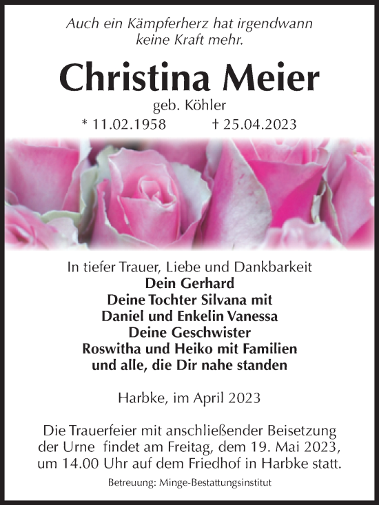 Traueranzeige von Christina Meier von Volksstimme Oschersleben/Wanzleben