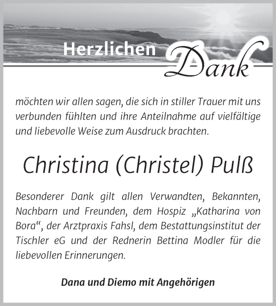 Traueranzeige von Christina Pulß von Trauerkombi Wittenberg