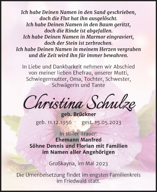 Traueranzeige von Christina Schulze von Trauerkombi Merseburg