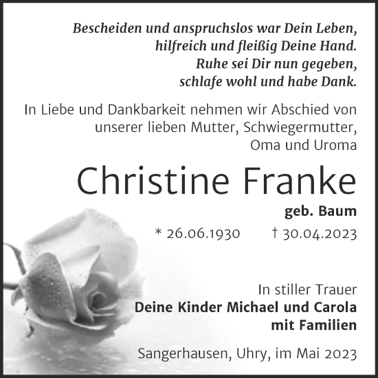 Traueranzeige von Christine Franke von Trauerkombi Sangerhausen