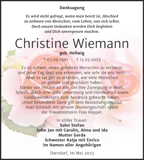 Traueranzeige von Christine Wiemann von Wochenspiegel Naumburg/Nebra