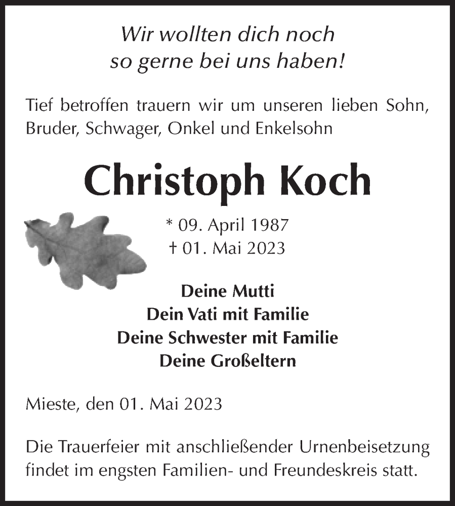  Traueranzeige für Christoph Koch vom 05.05.2023 aus Volksstimme Altmark West