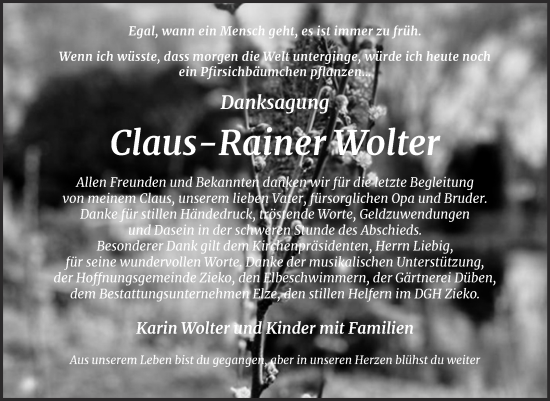 Traueranzeige von Claus-Rainer Wolter von Mitteldeutsche Zeitung Dessau-Roßlau