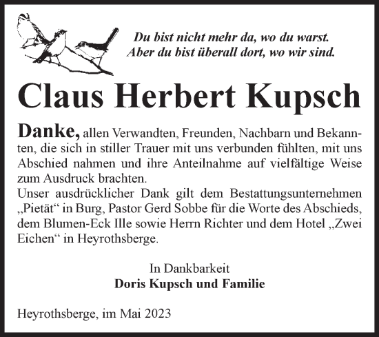 Traueranzeige von Claus Herbert Kupsch von Volksstimme Burg/Genthin