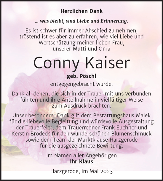 Traueranzeige von Conny Kaiser von Trauerkombi Quedlinburg