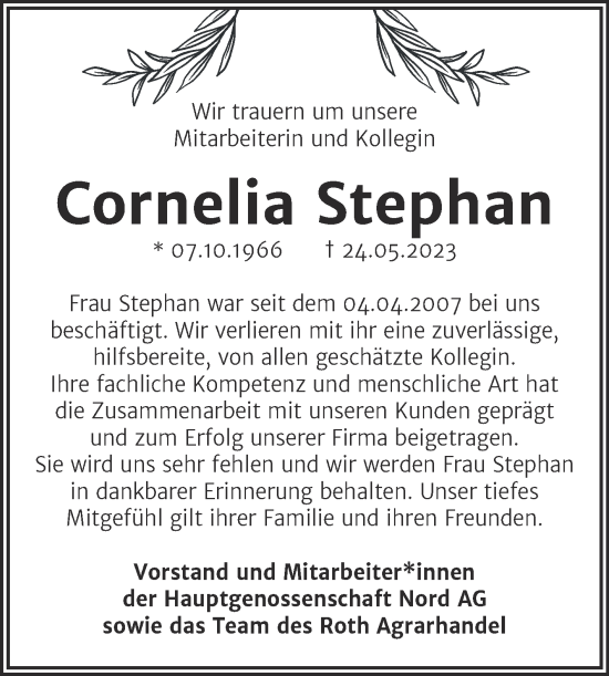 Traueranzeige von Cornelia Stephan von Mitteldeutsche Zeitung Bitterfeld