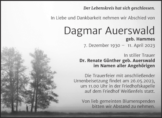 Traueranzeige von Dagmar Auerswald von Trauerkombi Weißenfels