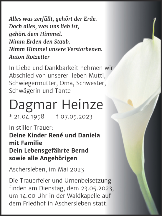 Traueranzeige von Dagmar Heinze von Trauerkombi Aschersleben