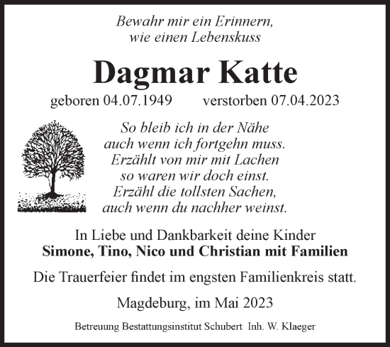 Traueranzeige von Dagmar Katte von Volksstimme Magdeburg