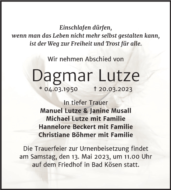 Traueranzeige von Dagmar Lutze von Wochenspiegel Naumburg/Nebra
