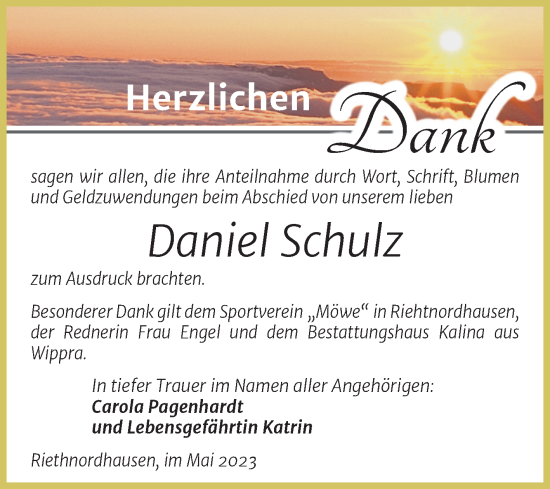 Traueranzeige von Daniel Schulz von Trauerkombi Sangerhausen