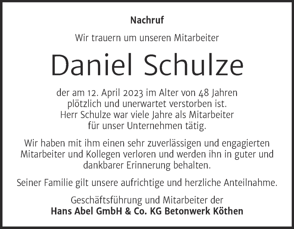  Traueranzeige für Daniel Schulze vom 06.05.2023 aus Mitteldeutsche Zeitung Köthen