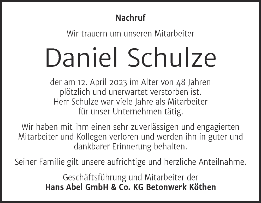  Traueranzeige für Daniel Schulze vom 13.05.2023 aus Super Sonntag Köthen