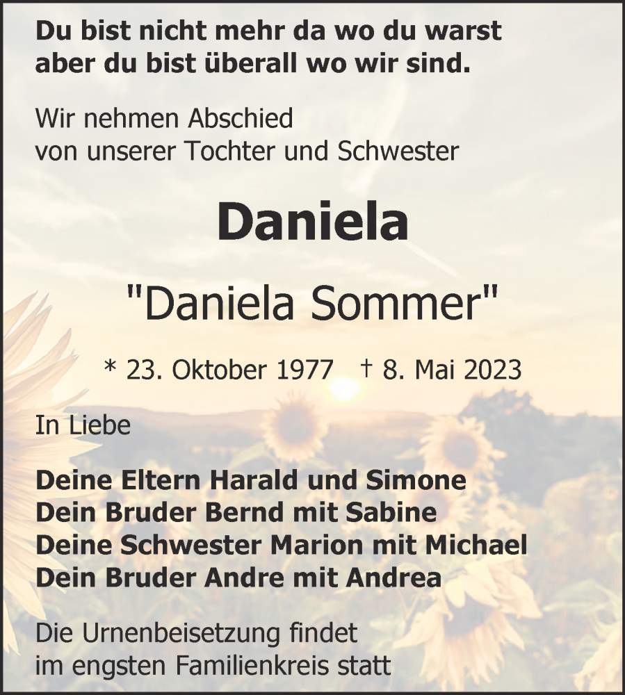  Traueranzeige für Daniela Sommer vom 13.05.2023 aus Trauerkombi Bitterfeld